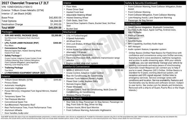 New 2027 Chevrolet Traverse LT w/ Sun and Wheel Package AWD/4WD image 5