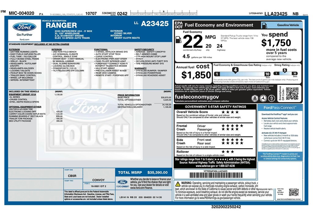 Used 2020 Ford Ranger XL w/ Equipment Group 101A Mid image 9