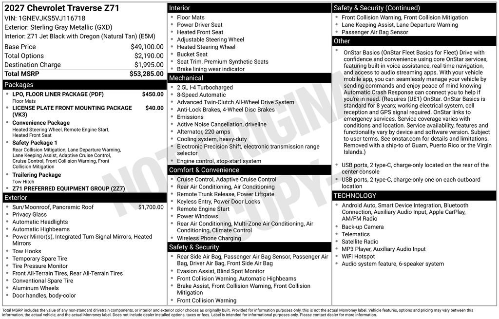 New 2027 Chevrolet Traverse Z71 w/ LPO, Floor Liner Package AWD/4WD image 29