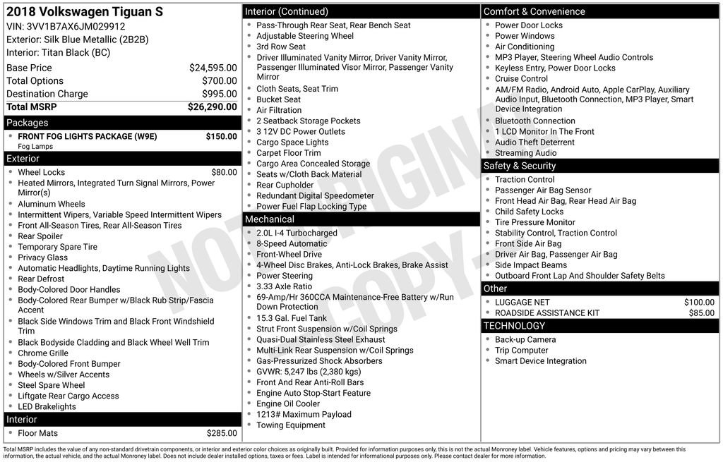 Used 2018 Volkswagen Tiguan S w/ Front Fog Lights Package image 5