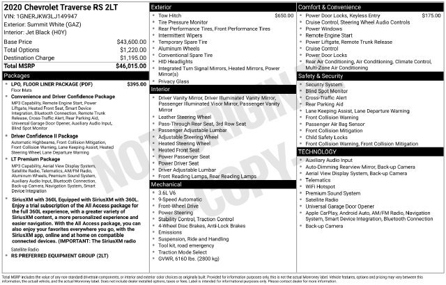 Used 2020 Chevrolet Traverse RS w/ LPO, Floor Liner Package FWD image 4