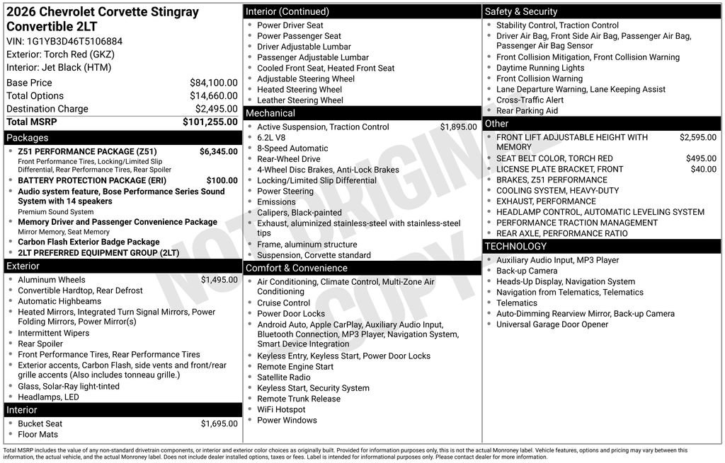 New 2026 Chevrolet Corvette Stingray Preferred Conv w/ Z51 Performance Package image 2