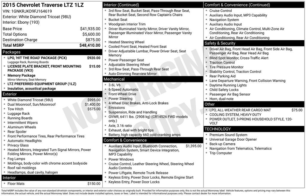 Used 2015 Chevrolet Traverse LTZ w/ LPO, 'HIT The Road' Package FWD image 31