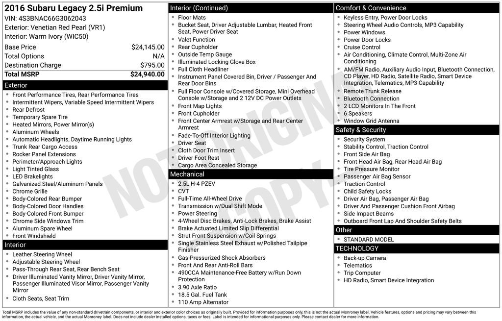 Used 2016 Subaru Legacy 2.5i Premium image 49