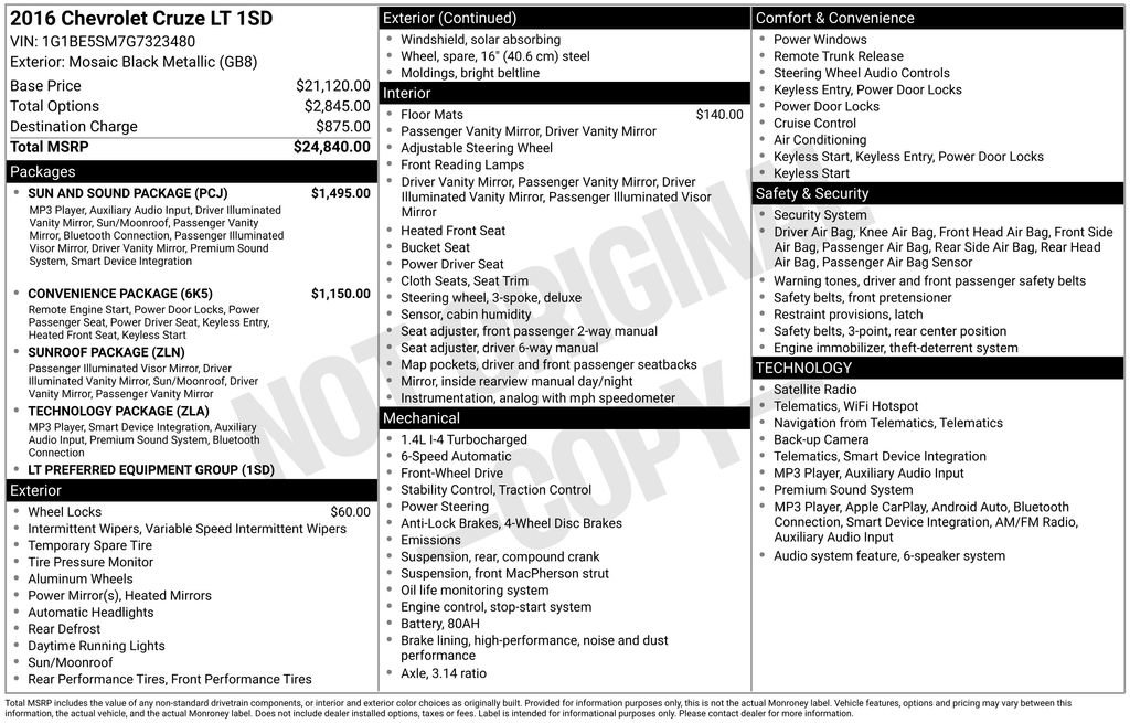 Used 2016 Chevrolet Cruze LT w/ Sun And Sound Package FWD image 7