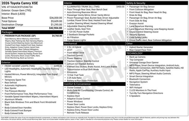 New 2026 Toyota Camry XSE w/ Premium Plus Package FWD image 15