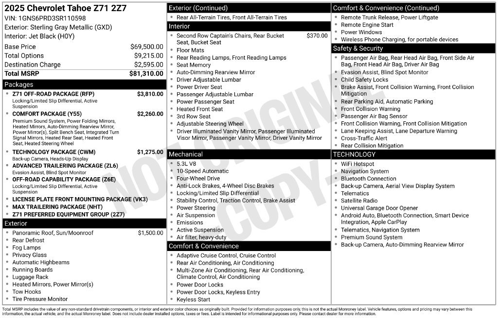 Certified 2025 Chevrolet Tahoe Z71 w/ Z71 Off-Road Package AWD/4WD image 2