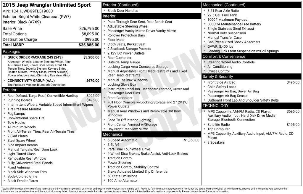 Used 2015 Jeep Wrangler Unlimited Sport w/ Quick Order Package 24S AWD/4WD image 5