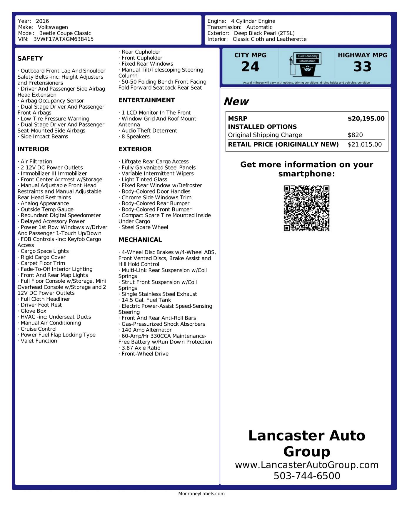 Used 2016 Volkswagen Beetle 1.8T Classic FWD image 2