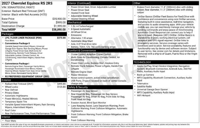 New 2027 Chevrolet Equinox RS w/ LPO, Floor Liner Package AWD/4WD image 2