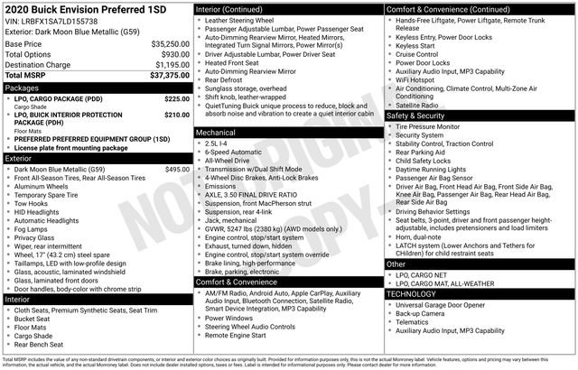 Used 2020 Buick Envision Preferred w/ LPO, Cargo Package image 10
