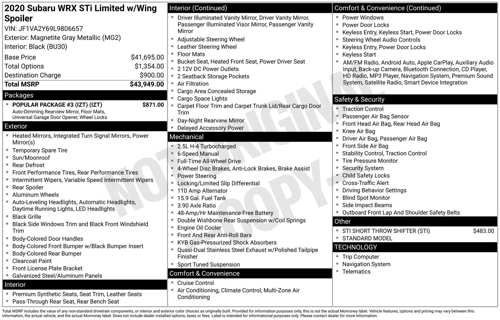 Used 2020 Subaru WRX STI Limited w/ Popular Package #3 (IZT) image 3