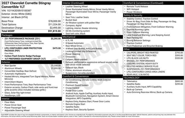 New 2027 Chevrolet Corvette Stingray Convertible w/ Z51 Performance Package RWD image 4