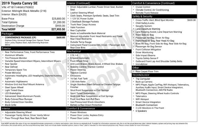 Used 2019 Toyota Camry SE w/ Convenience Package FWD image 29