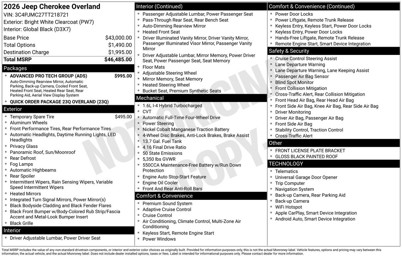 New 2026 Jeep Cherokee Overland w/ Advanced Pro Tech Group AWD/4WD image 28