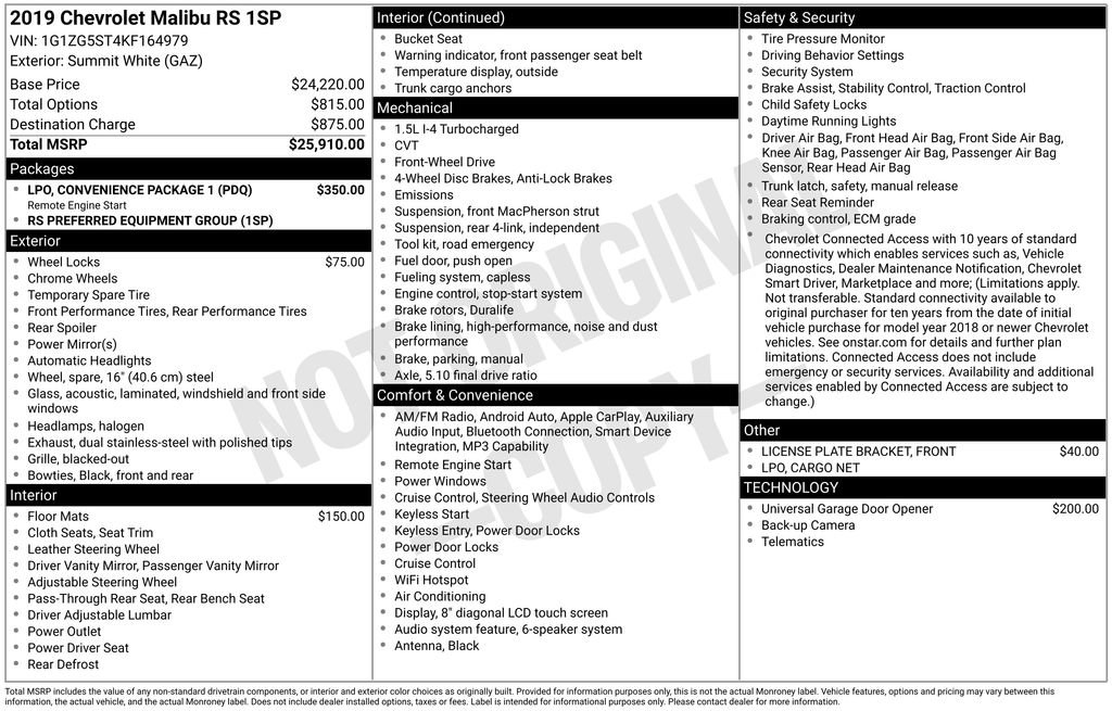 Used 2019 Chevrolet Malibu RS w/ LPO, Convenience Package 1 image 2