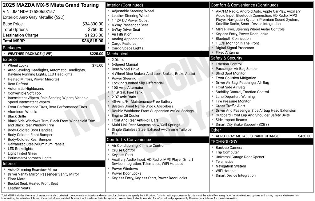 Certified 2025 MAZDA MX-5 Miata Grand Touring w/ Weather Package RWD image 3