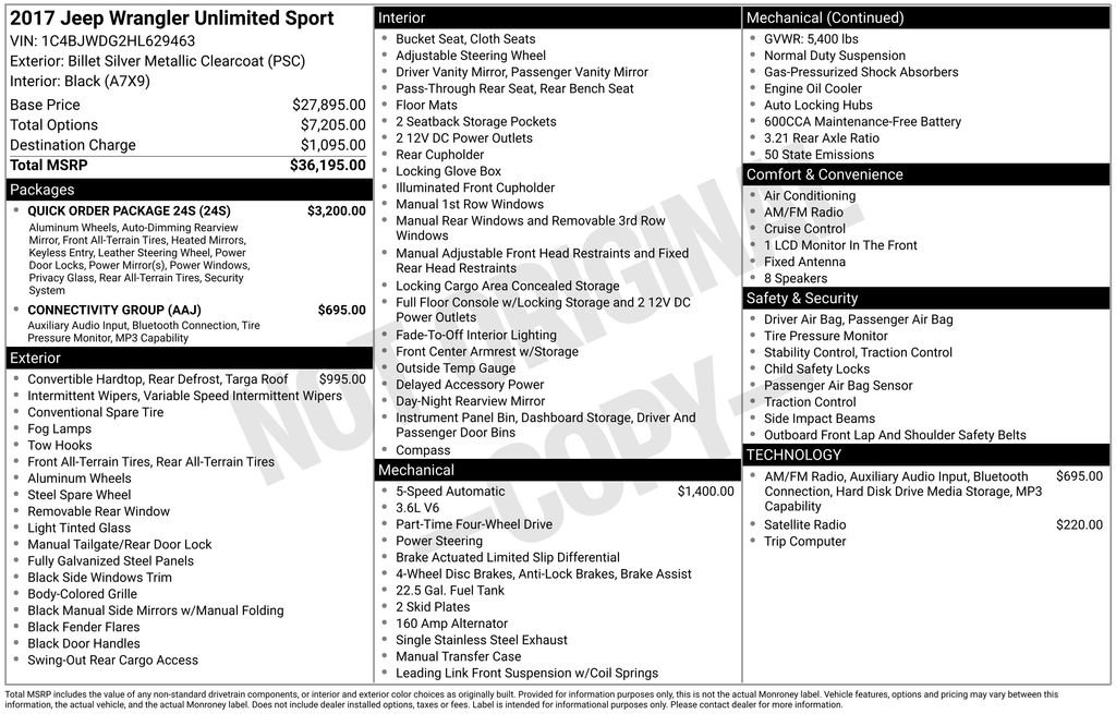 Used 2017 Jeep Wrangler Unlimited Sport w/ Quick Order Package 24S AWD/4WD image 33