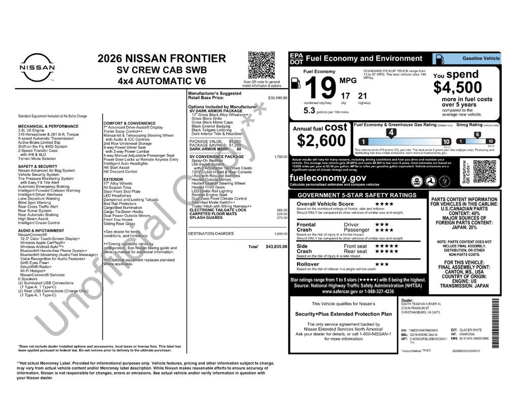 New 2026 Nissan Frontier SV w/ SV Convenience Package image 2