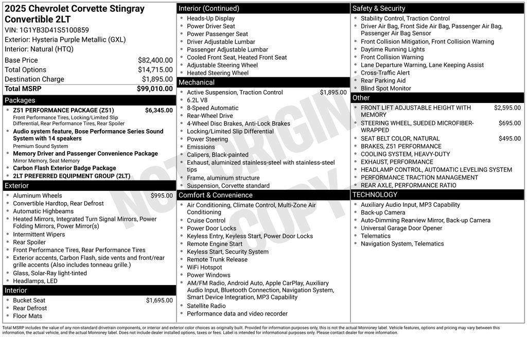 Used 2025 Chevrolet Corvette Stingray Preferred Conv w/ Z51 Performance Package RWD image 6