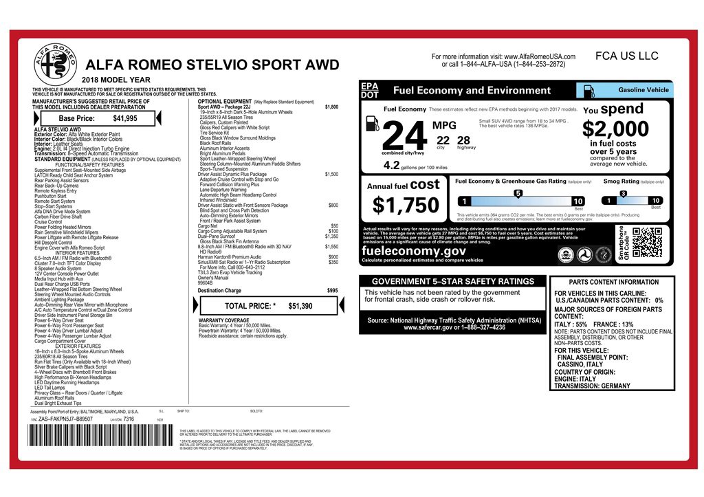 Used 2018 Alfa Romeo Stelvio Sport w/ Quick Order Package 22J Sport image 9