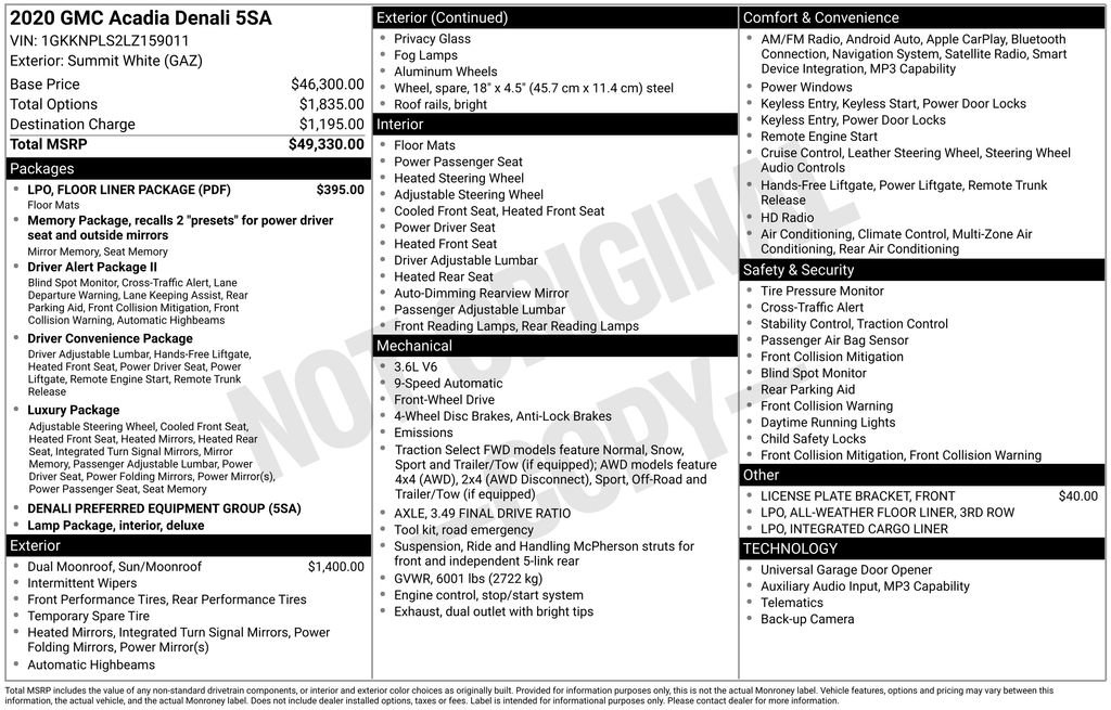 Used 2020 GMC Acadia Denali w/ LPO, Floor Liner Package FWD image 3