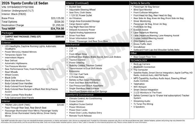 Certified 2026 Toyota Corolla LE w/ Carpet Mat Package (TMS) FWD image 32