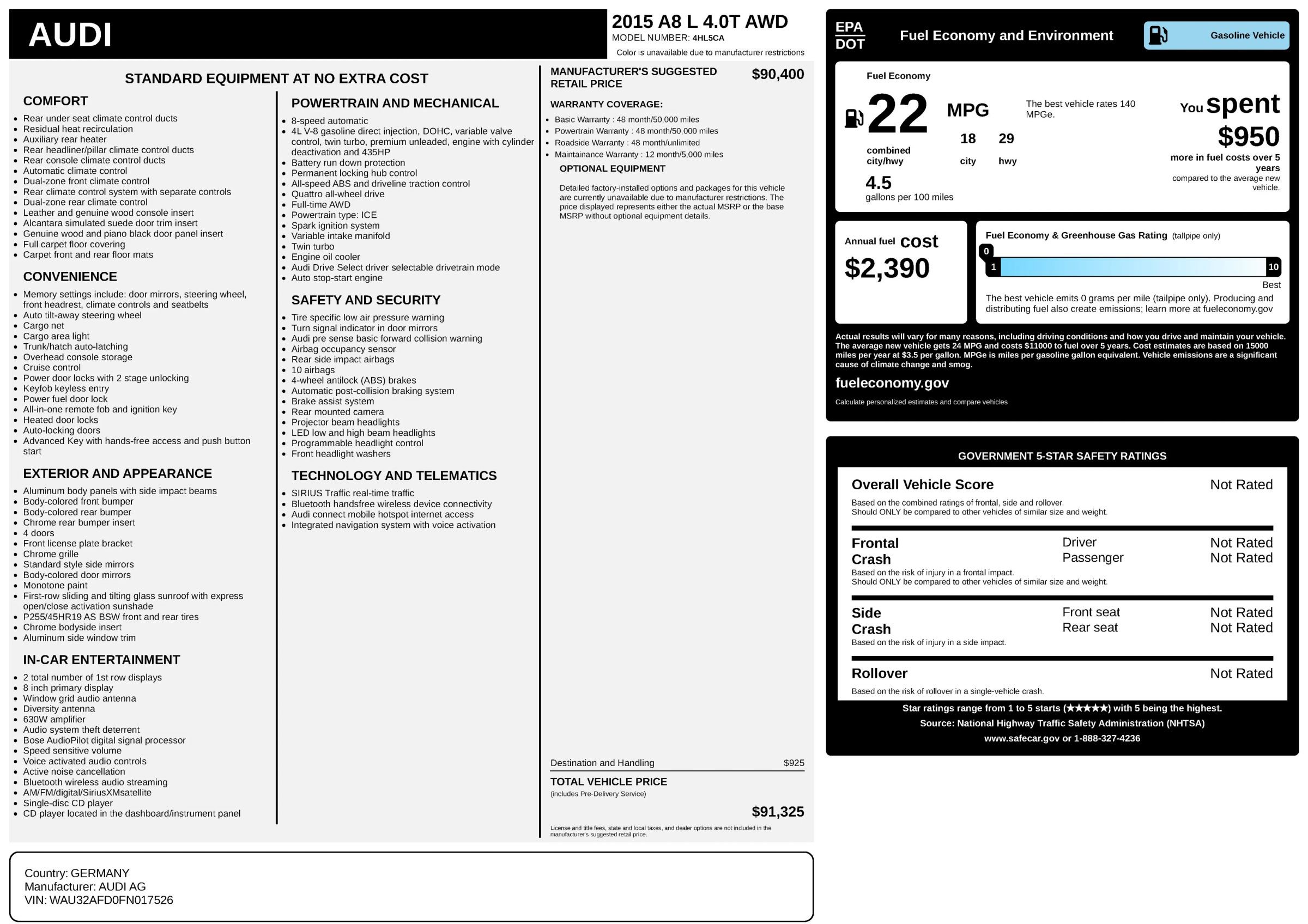 Used 2015 Audi A8 L 4.0T w/ Premium Package AWD/4WD image 41