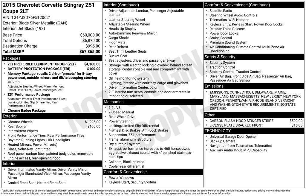 Used 2015 Chevrolet Corvette Stingray Coupe w/ 2LT Preferred Equipment Group image 2