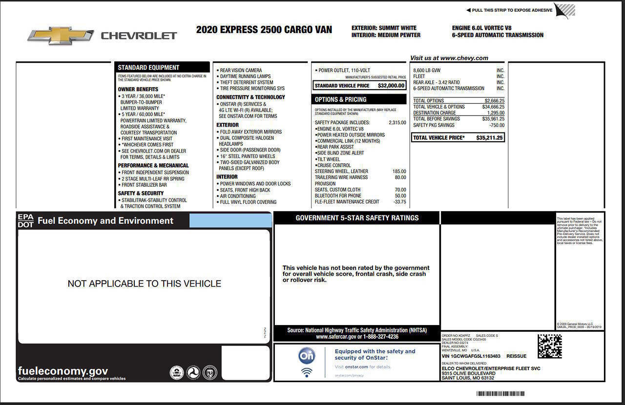Used 2020 Chevrolet Express 2500 w/ Safety Package image 6
