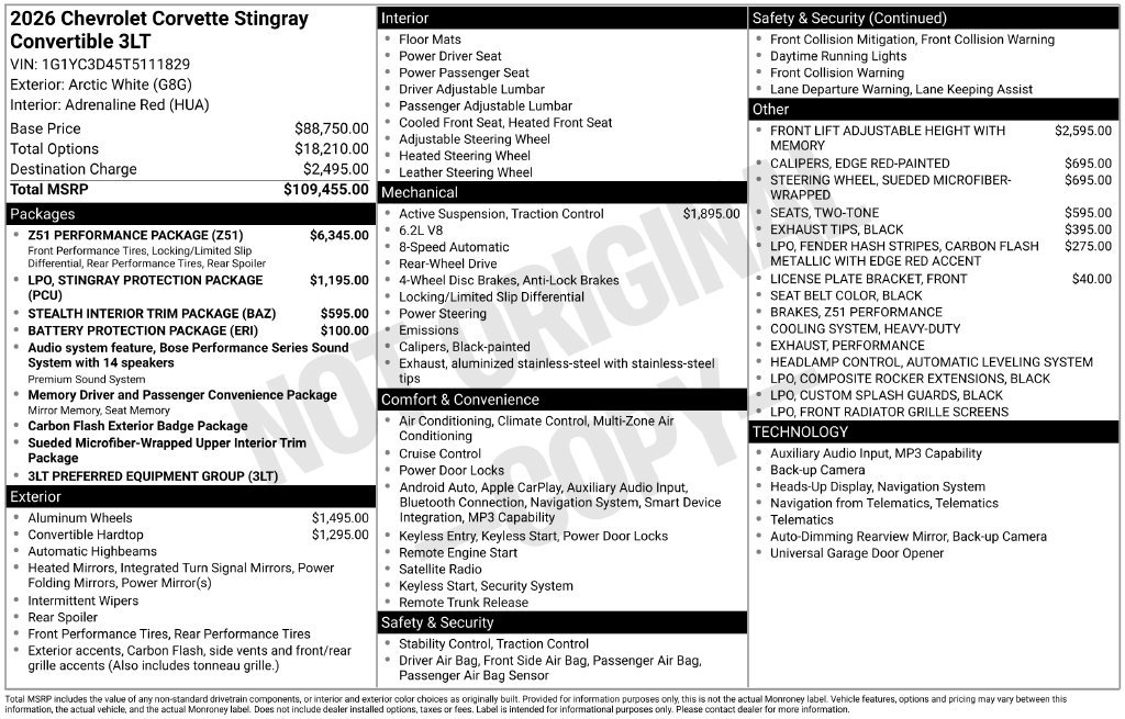 Used 2026 Chevrolet Corvette Stingray Premium Conv w/ Z51 Performance Package RWD image 4