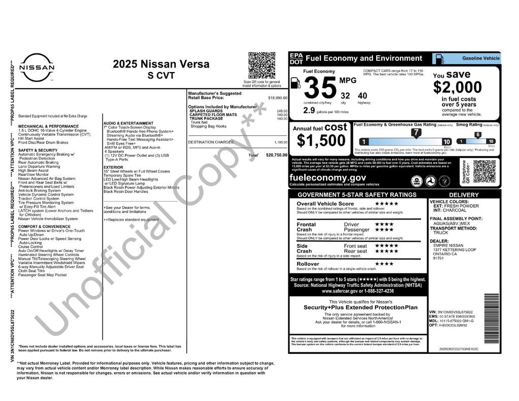Used 2025 Nissan Versa S w/ Trunk Package FWD image 18