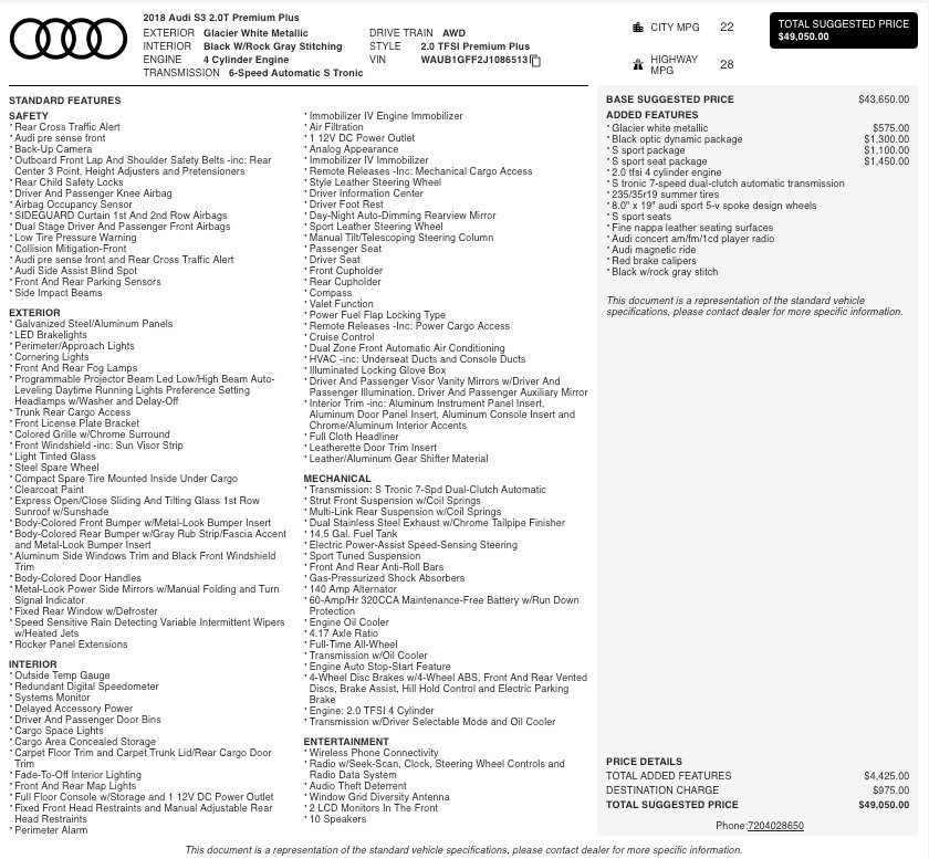 Used 2018 Audi S3 Premium Plus w/ S Sport Seat Package image 2