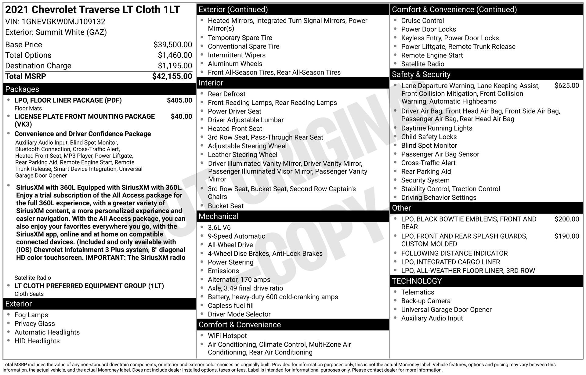 Used 2021 Chevrolet Traverse LT w/ LPO, Floor Liner Package image 4