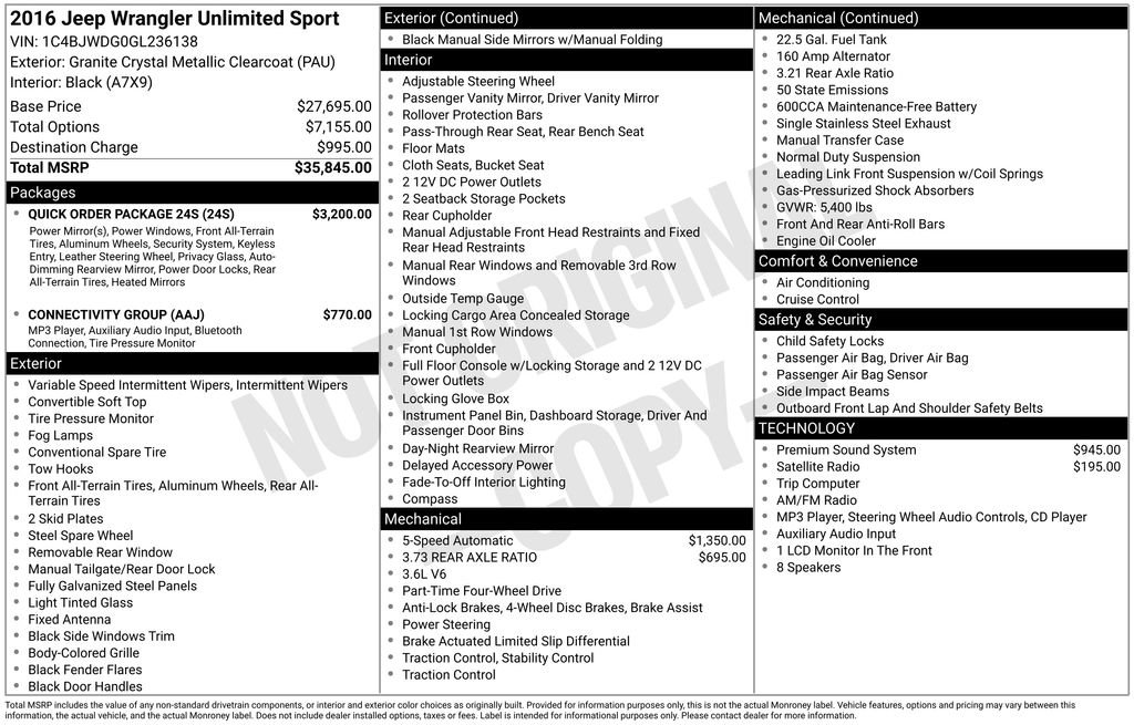 Used 2016 Jeep Wrangler Unlimited Sport w/ Quick Order Package 24S AWD/4WD image 10