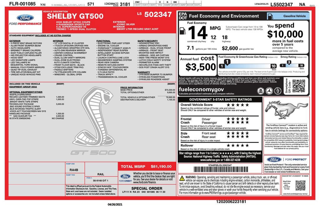 Used 2020 Ford Mustang Shelby GT500 w/ Technology Package RWD image 3