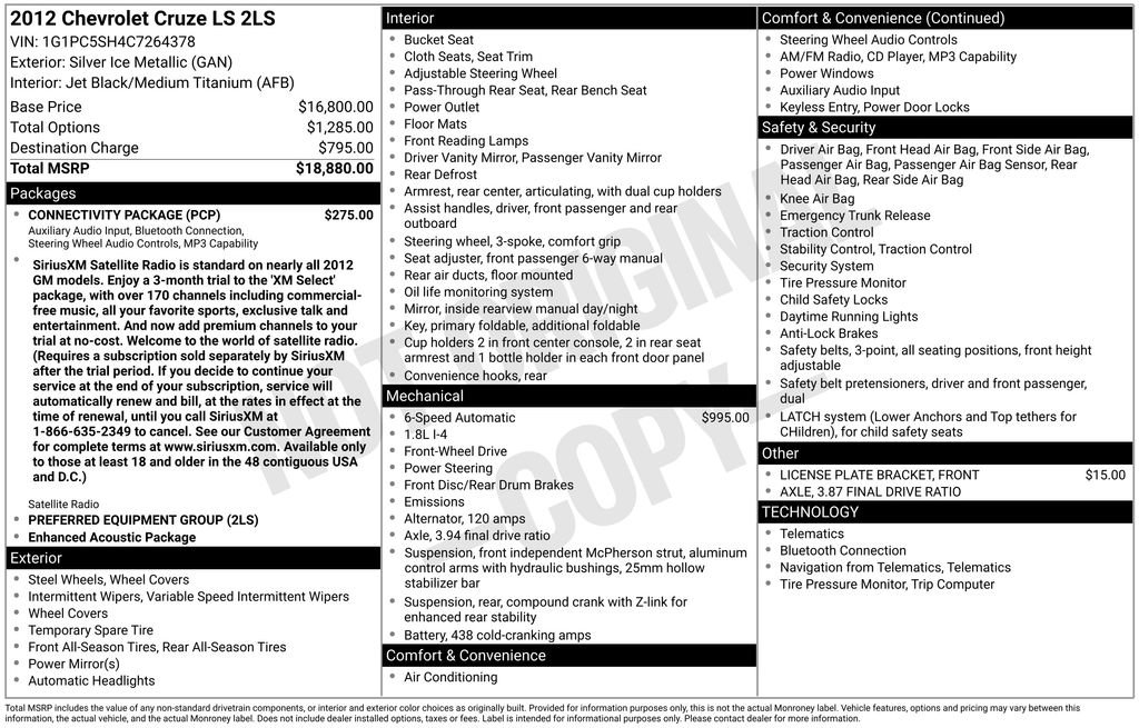 Used 2012 Chevrolet Cruze LS w/ Connectivity Package image 15