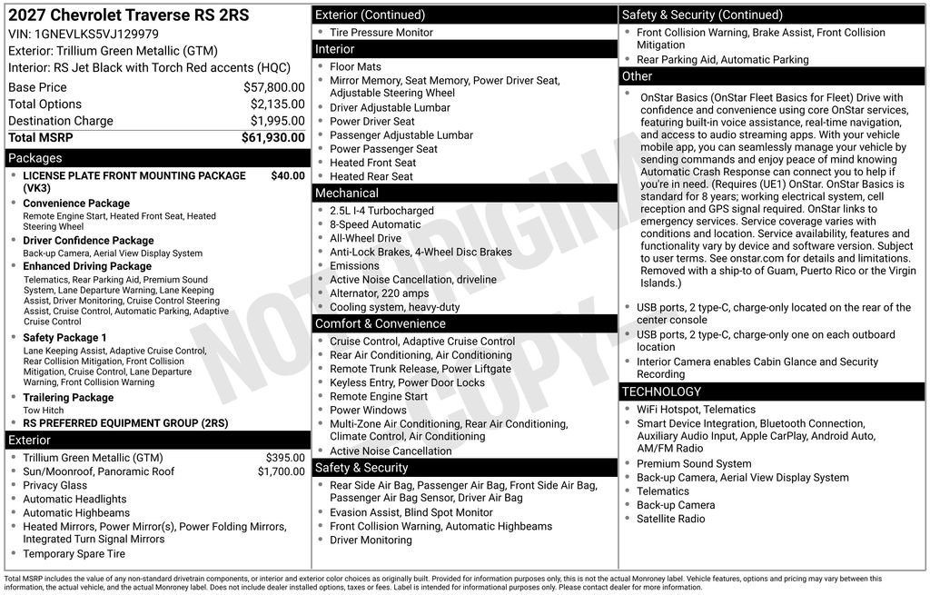 New 2027 Chevrolet Traverse RS AWD/4WD image 17