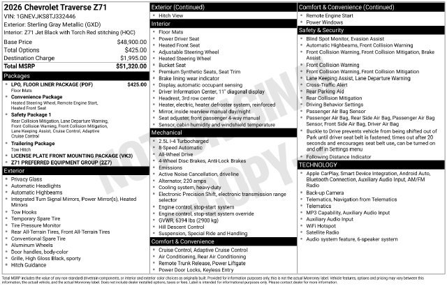 New 2026 Chevrolet Traverse Z71 w/ LPO, Floor Liner Package AWD/4WD image 1