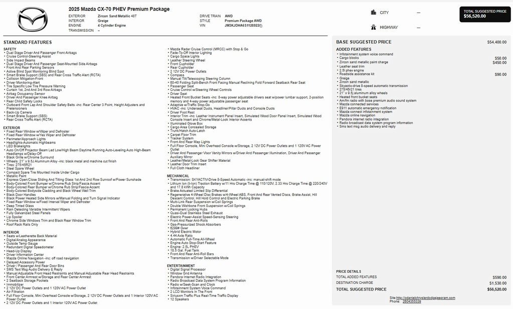 Used 2025 MAZDA CX-70 Plug-In Hybrid w/ Premium Pkg