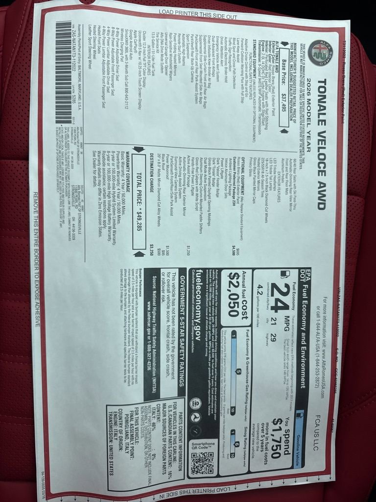 New 2026 Alfa Romeo Tonale Veloce w/ Quick Order Package 23H Volce image 26