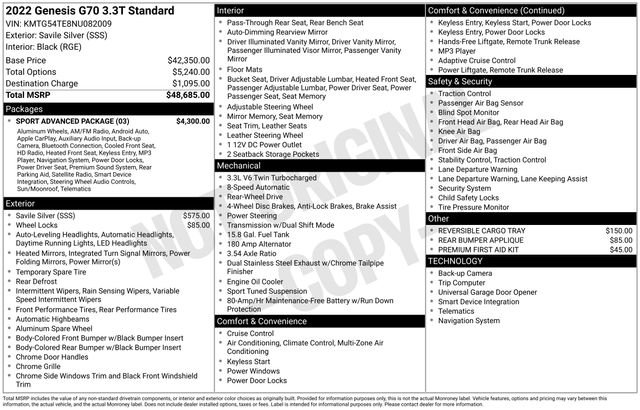 Used 2022 Genesis G70 3.3T w/ Sport Advanced Package image 2