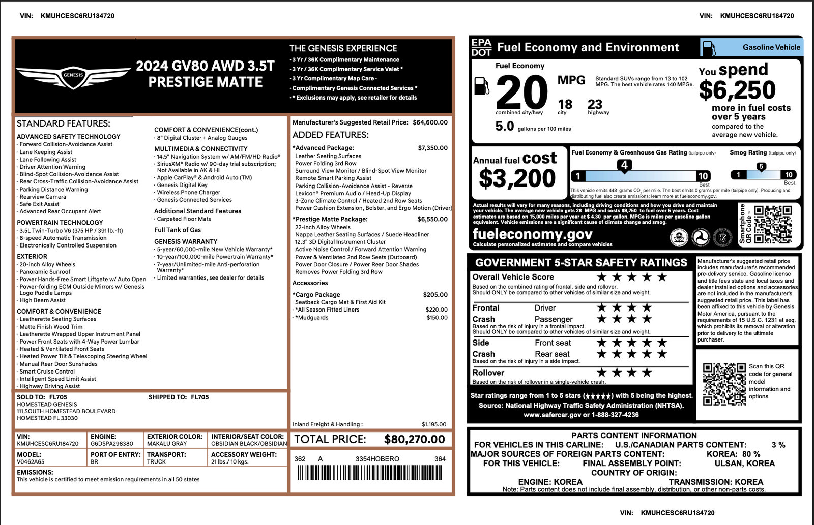 Certified 2024 Genesis GV80 3.5T w/ Prestige Matte Package AWD/4WD image 3