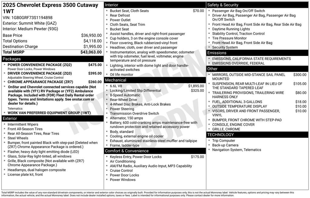 New 2025 Chevrolet Express 3500 w/ Power Convenience Package image 6