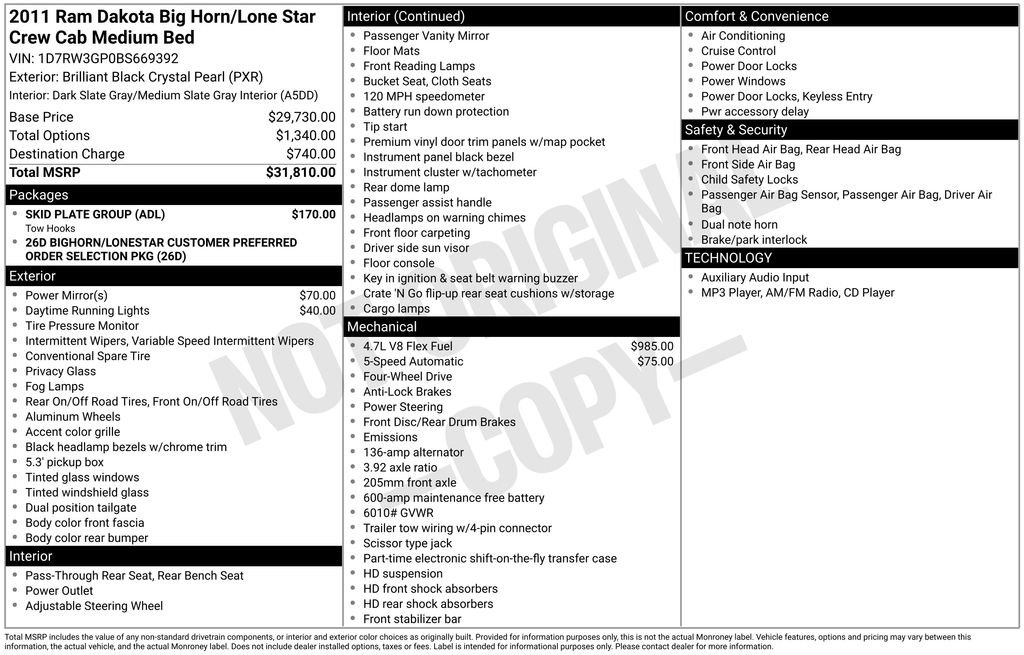 Used 2011 Dodge Dakota Big Horn w/ Skid Plate Group AWD/4WD image 6