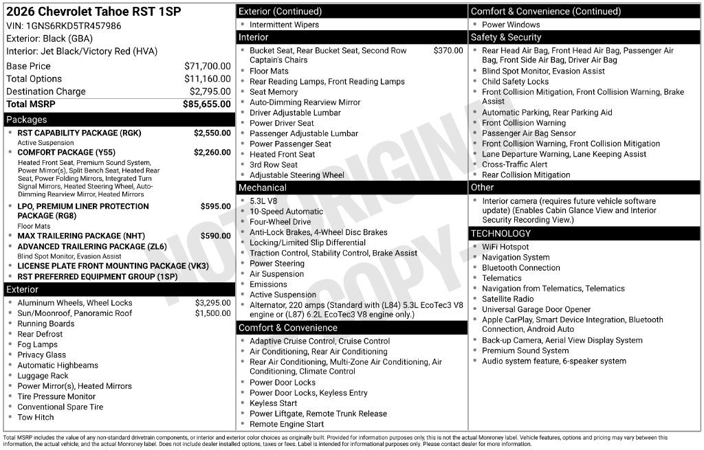 New 2026 Chevrolet Tahoe RST w/ RST Capability Package AWD/4WD image 11