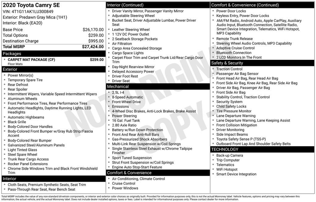 Used 2020 Toyota Camry SE w/ Carpet Mat Package FWD image 9