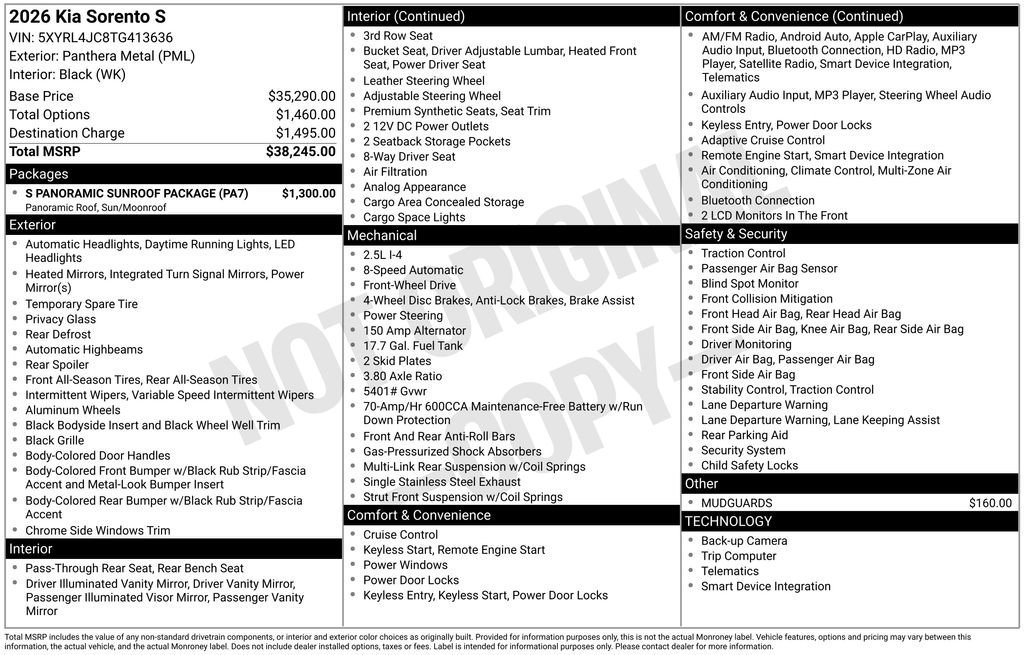 New 2026 Kia Sorento S w/ S Panoramic Sunroof Package image 4