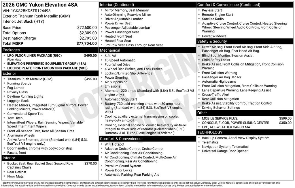 New 2026 GMC Yukon Elevation w/ LPO, Floor Liner Package AWD/4WD image 10
