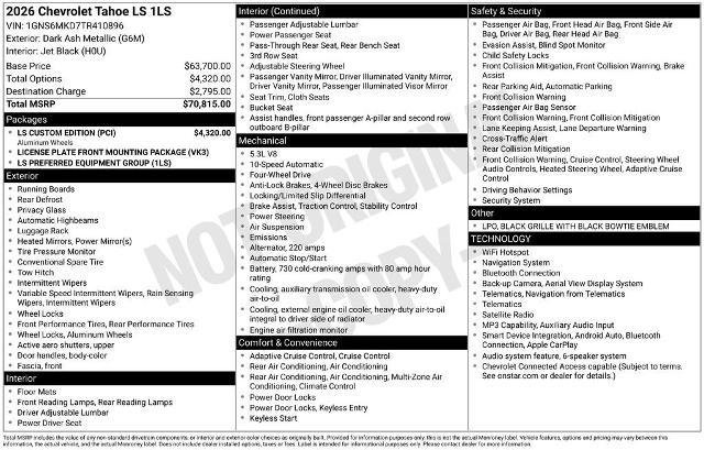 New 2026 Chevrolet Tahoe LS w/ LS Custom Edition AWD/4WD image 2
